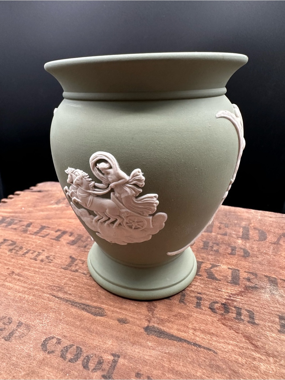 Wedgwood Sage Green Jasperware Vase – Classical Relief, Made in England, EUC